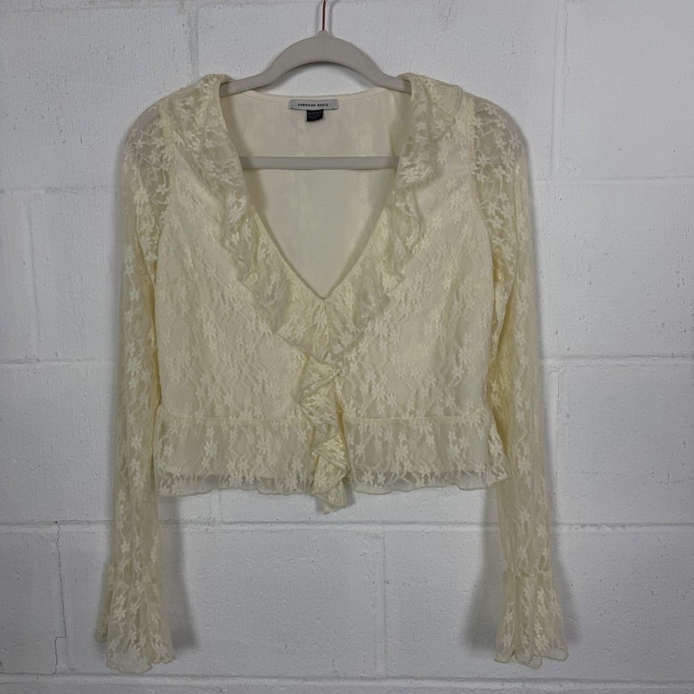 American Eagle Lace‎ Ruffle Crop Top SZ XS Flare Sleeves BoHo Fairy Romantic